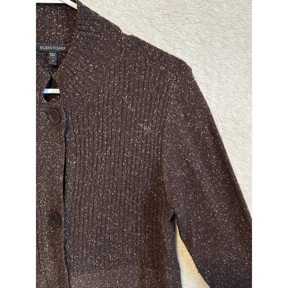 EILEEN FISHER Sweater Women Medium Long Wool Angora Silk Cardigan Brown Speckled - Picture 2 of 12